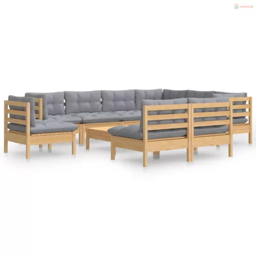 10 részes tömör fenyőfa kerti ülőgarnitúra szürke párnákkal