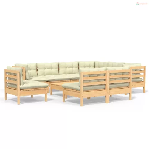 10 részes fenyőfa kerti bútorgarnitúra krémszínű párnákkal