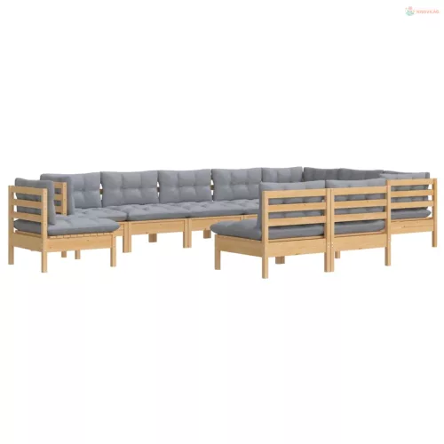 10 részes tömör fenyőfa kerti ülőgarnitúra szürke párnákkal