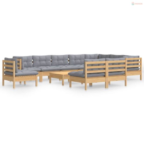 11 részes tömör fenyőfa kerti ülőgarnitúra szürke párnákkal