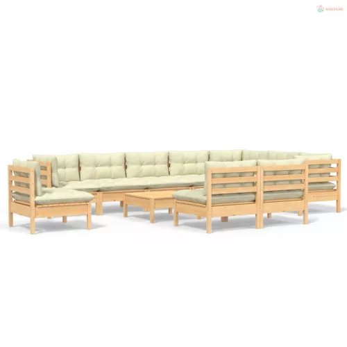 11 részes fenyőfa kerti bútorgarnitúra krémszínű párnákkal