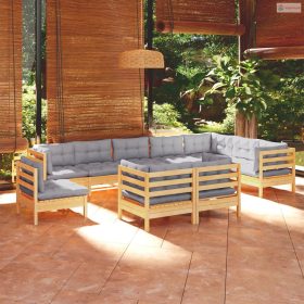   10 részes tömör fenyőfa kerti ülőgarnitúra szürke párnákkal