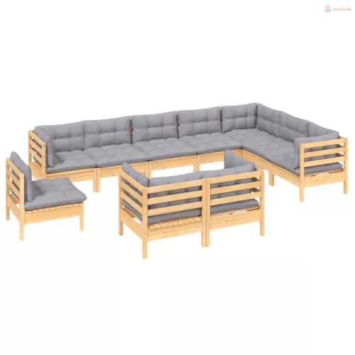 10 részes tömör fenyőfa kerti ülőgarnitúra szürke párnákkal