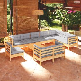   11 részes tömör fenyőfa kerti ülőgarnitúra szürke párnákkal