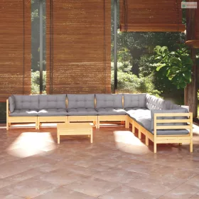   10 részes tömör fenyőfa kerti ülőgarnitúra szürke párnákkal