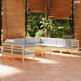   10 részes tömör fenyőfa kerti ülőgarnitúra szürke párnákkal