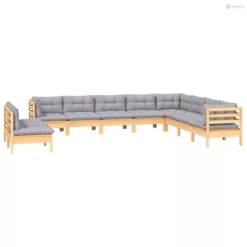 10 részes tömör fenyőfa kerti ülőgarnitúra szürke párnákkal