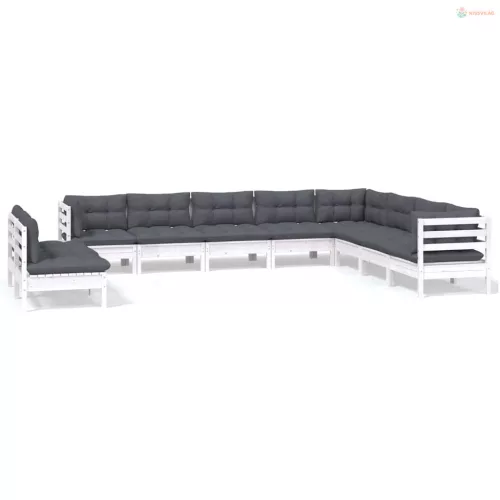 10 részes fehér tömör fenyőfa kerti ülőgarnitúra párnákkal