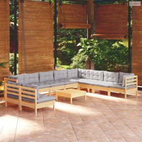   11 részes tömör fenyőfa kerti ülőgarnitúra szürke párnákkal