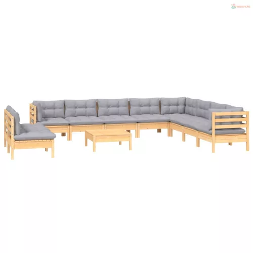 11 részes tömör fenyőfa kerti ülőgarnitúra szürke párnákkal