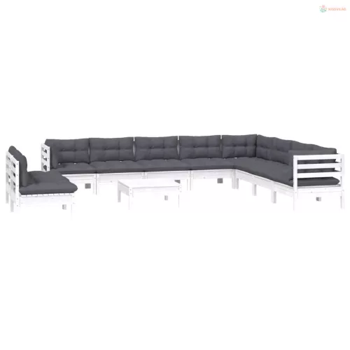 11 részes fehér tömör fenyőfa kerti ülőgarnitúra párnákkal