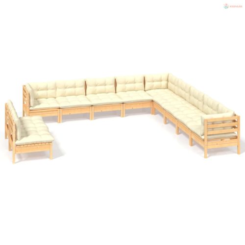 11 részes tömör fenyőfa kerti ülőgarnitúra krémszínű párnákkal