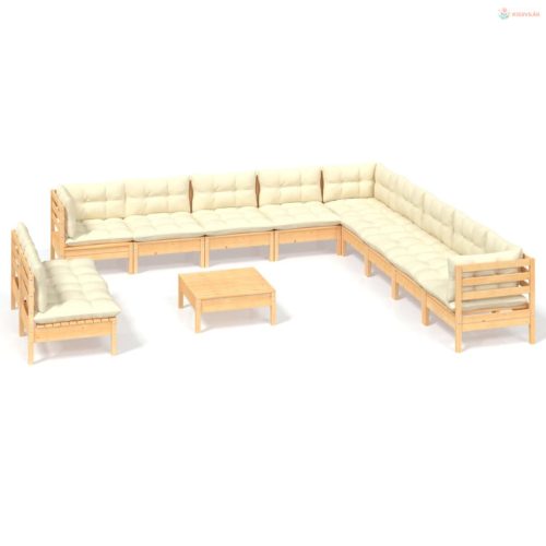 12 részes tömör fenyőfa kerti ülőgarnitúra krémszínű párnákkal