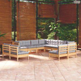   11 részes tömör fenyőfa kerti ülőgarnitúra szürke párnákkal