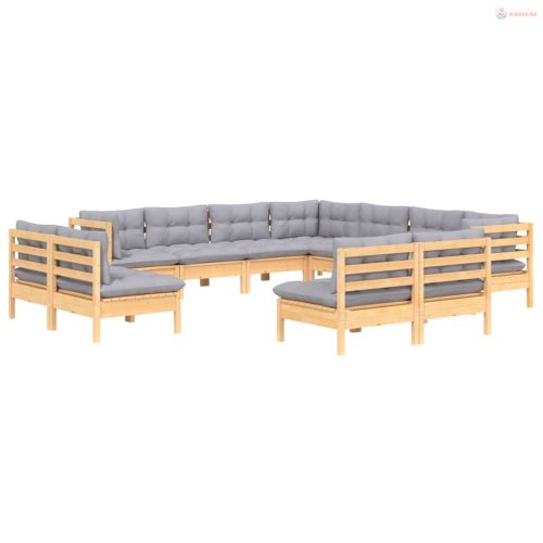 11 részes tömör fenyőfa kerti ülőgarnitúra szürke párnákkal