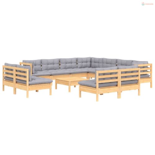 12 részes tömör fenyőfa kerti ülőgarnitúra szürke párnákkal