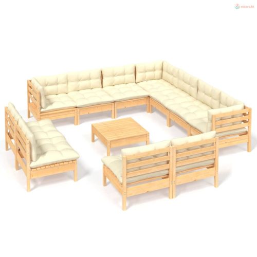 12 részes tömör fenyőfa kerti ülőgarnitúra krémszínű párnákkal