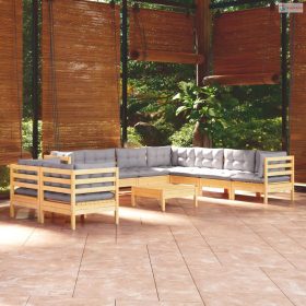   10 részes tömör fenyőfa kerti ülőgarnitúra szürke párnákkal