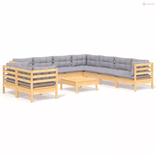 10 részes tömör fenyőfa kerti ülőgarnitúra szürke párnákkal