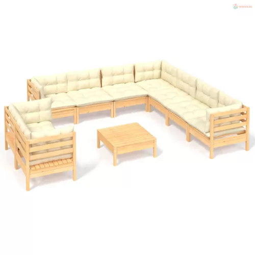 10 részes tömör fenyőfa kerti ülőgarnitúra krémszínű párnákkal