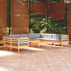   11 részes tömör fenyőfa kerti ülőgarnitúra szürke párnákkal