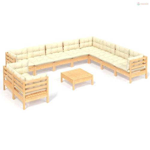 11 részes tömör fenyőfa kerti ülőgarnitúra krémszínű párnákkal