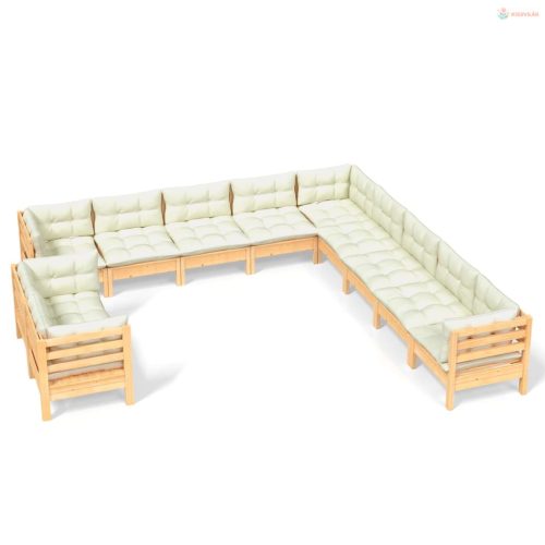 11 részes tömör fenyőfa kerti ülőgarnitúra krémszínű párnákkal