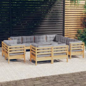   11 részes tömör fenyőfa kerti ülőgarnitúra szürke párnákkal