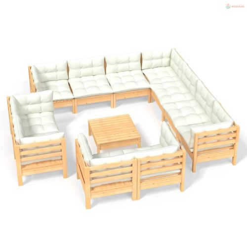 12 részes tömör fenyőfa kerti ülőgarnitúra krémszínű párnákkal