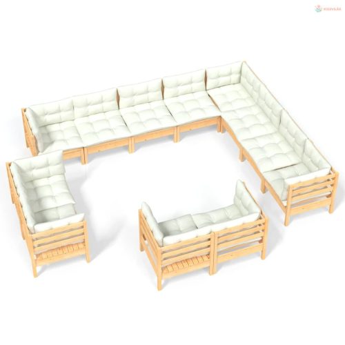 12 részes tömör fenyőfa kerti ülőgarnitúra krémszínű párnákkal