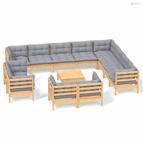 13 részes tömör fenyőfa kerti ülőgarnitúra szürke párnákkal