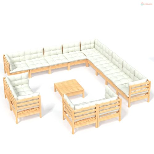 14 részes tömör fenyőfa kerti ülőgarnitúra krémszínű párnákkal