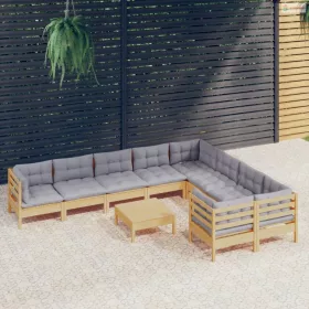   10 részes fenyőfa kerti ülőgarnitúra szürke párnákkal