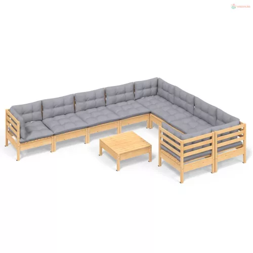 10 részes fenyőfa kerti ülőgarnitúra szürke párnákkal