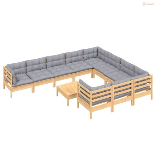 11 részes fenyőfa kerti ülőgarnitúra szürke párnákkal