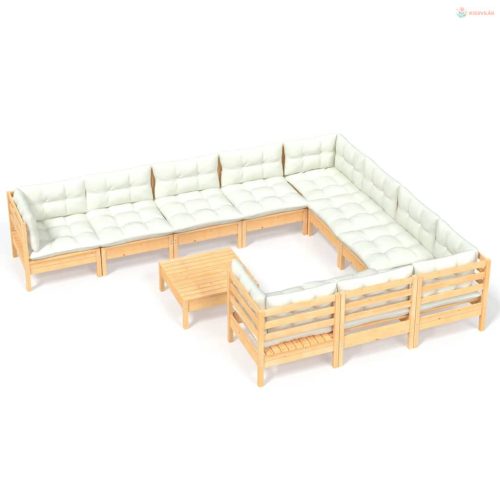 11 részes fenyőfa kerti ülőgarnitúra krémszínű párnákkal