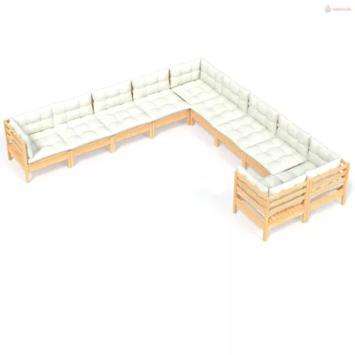 10 részes fenyőfa kerti ülőgarnitúra krémszínű párnákkal