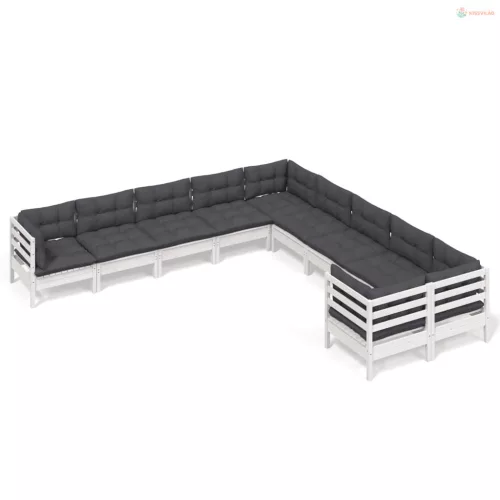 10 részes fehér fenyőfa kerti ülőgarnitúra párnákkal