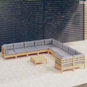   11 részes fenyőfa kerti ülőgarnitúra szürke párnákkal