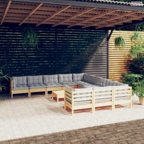   12 részes fenyőfa kerti ülőgarnitúra szürke párnákkal