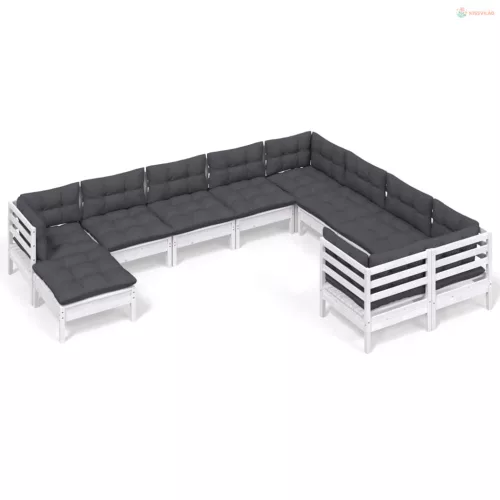 10 részes fehér fenyőfa kerti ülőgarnitúra párnákkal