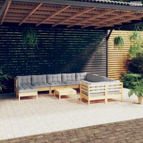   11 részes fenyőfa kerti ülőgarnitúra szürke párnákkal