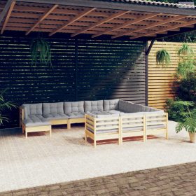   11 részes fenyőfa kerti ülőgarnitúra szürke párnákkal