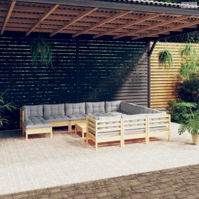   12 részes fenyőfa kerti ülőgarnitúra szürke párnákkal