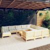 12 részes fenyőfa kerti ülőgarnitúra krémszínű párnákkal