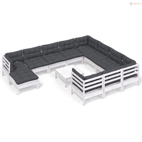 12 részes fehér fenyőfa kerti ülőgarnitúra párnákkal