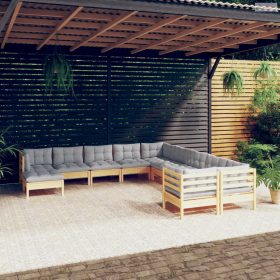   11 részes fenyőfa kerti ülőgarnitúra szürke párnákkal