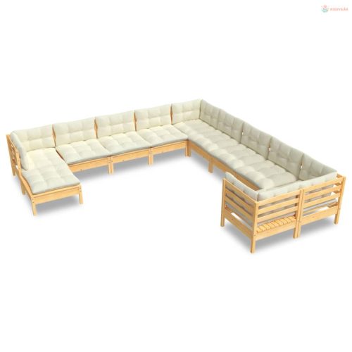 11 részes fenyőfa kerti ülőgarnitúra krémszínű párnákkal