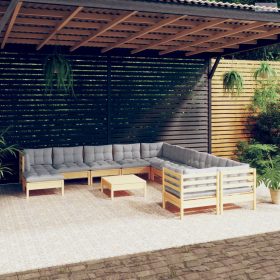   12 részes fenyőfa kerti ülőgarnitúra szürke párnákkal