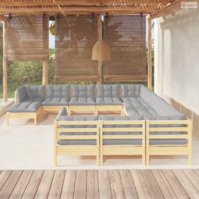   12 részes fenyőfa kerti ülőgarnitúra szürke párnákkal